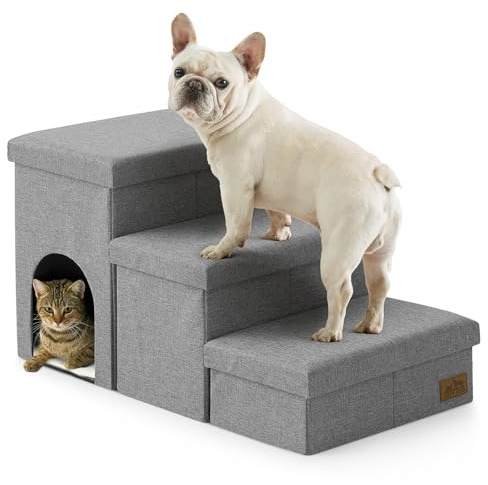 Dog Stairs with Storage, 3-Step Wider Sturdy Dog Steps for Small/Medium/Large Dogs and Older Cats, Doggie Ramp with Condo for Bed/Couch/Car Hold Up to 180 lbs (17.7 H, Grey)
