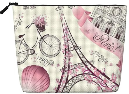 Paris Tower Flower Travel Cosmetic Case Fake Hemp Large Capacity Zippered Bag Water Resistant Daily Organizer
