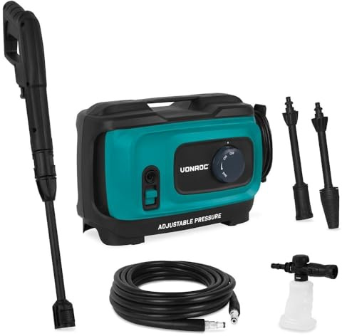 VONROC Idropulitrice V24-3 2400W 180 Bar con Regolatore di Pressione – Avvolgitubo Integrato, Tubo Alta Pressione 10 m, Pompa in Alluminio, Schiumatore e Pulitore Patio, Set Completo | Tubo da 8 m, pompa in alluminio, senza personalizzazione