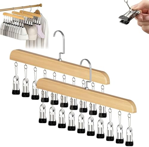 Closet Organizer with 10 Clips, Kleiderbügel Organizer mit 10 Clips, Platzsparende Mehrfach-Hosenbügel aus Holz, 360° Drehbarer Edelstahlhaken für Leggings, Shorts, Röcke und Mützen (Wood, 2PCS)