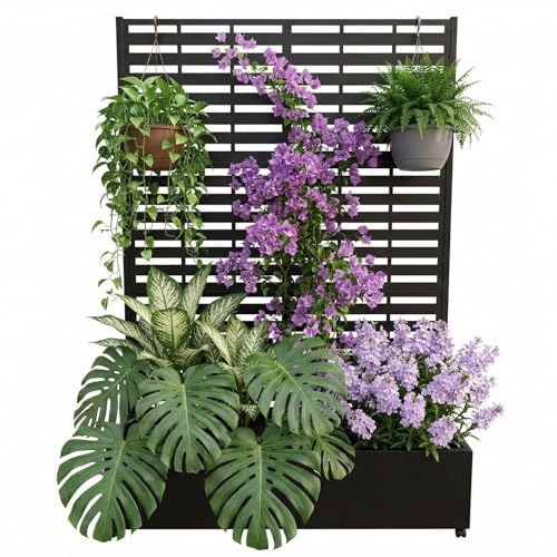 GarveeLife Metal Planter Box with Trellis and Wheels, 71.5x47x16 Raised Garden Bed for Patio, Outdoor Privacy Planters with Drainage Holes for Climbing Plants, Flowers, Vegetables, Vines, Black