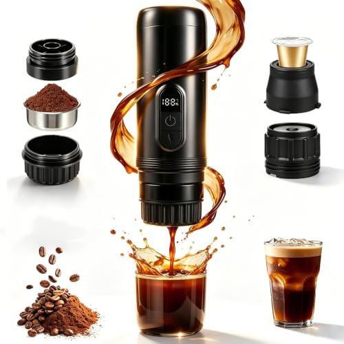 Senprity Tragbare Espressomaschine,20 Bar Akku Kaffeemaschine Selbsterhitzung Kompatibel mit Kleinen Kapseln & Kaffeepulver Wiederaufladbar Tragbare Kaffeemaschine für Reisen Camping Büro Auto