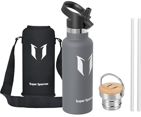 Super Sparrow Vattenflaska Barn - 500ml - Rostfritt Stål Metallflaska - Termos Standard Mun - Giftfri BPA-Fri - Perfekt Som Sportflaska - 2 Lock
