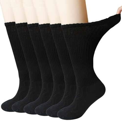 +MD Diabetic Socks For Men Women Non-Binding Cushioned Moisture Wicking Diabetic Crew Dress Socks 6 Pairs Black Cushion Size 9-11