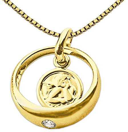 CLEVER SCHMUCK Goldener kleiner Taufring Engel rund mit Zirkonia weiß glänzend 333 GOLD 8 KARAT mit vergoldeter Kette Venezia 36 cm im Schmucketui