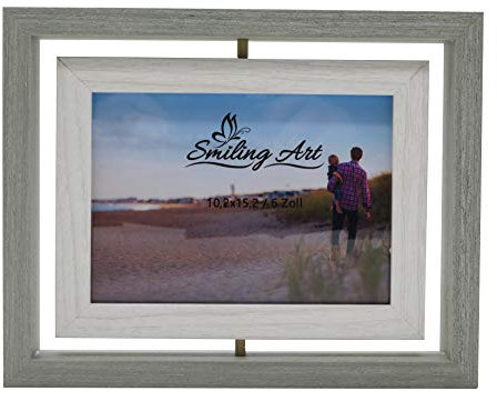 Smiling Art Cadre photo pivotant, cadre double pour 2 photos en bois MDF avec verre en format paysage et portrait à poser (Verre, Gris, 10 x 15 cm)
