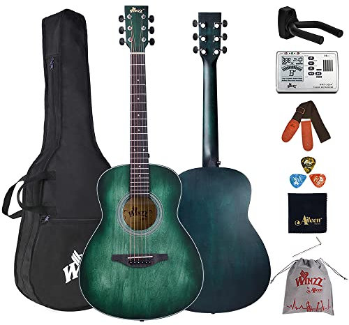 Winzz Akustik Gitarre 3/4 Kinder, Kleine Westerngitarre für Anfänger Erwachsene mit Multifunktionales Metronom, Blau-grün Reisegitarre Set 36 Zoll