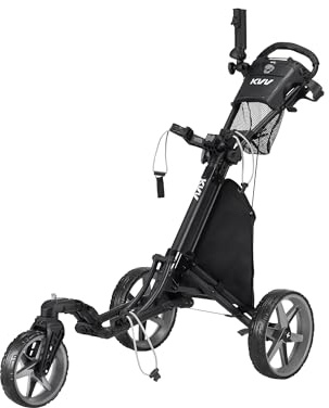 KVV faltbarer/zusammenklappbarer Golftrolley, 3 Räder, 360 Grad schwenkbares Vorderrad, mit Fußbremse, innerhalb einer Sekunde öffnen und zusammenfalten, inkl. separater Schirmhalterung