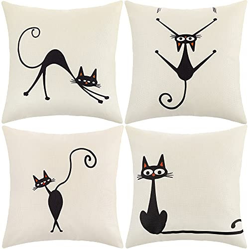 ARNTY Fundas Cojines 45x45 cm, Fundas de Cojines Modernas Juego de 4 Funda de Almohada Elegantes Decorativa para Sofá Coche Cama Sillas (Gato-Lino Algodón)
