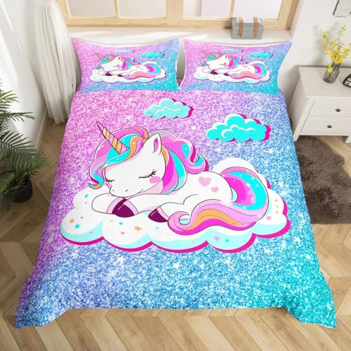 Loussiesd, Set di biancheria da letto per ragazze con unicorno, con paillette, per bambine e ragazze, con motivo arcobaleno pastello e cavallo sognante, rosa, blu, acceso, king size