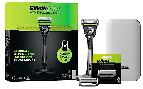Fusion Gillette Labs Men's Razor + 8 Razor Blade Refills with Exfoliating Bar, Includes Premium Magnetic Stand & Travel Case
