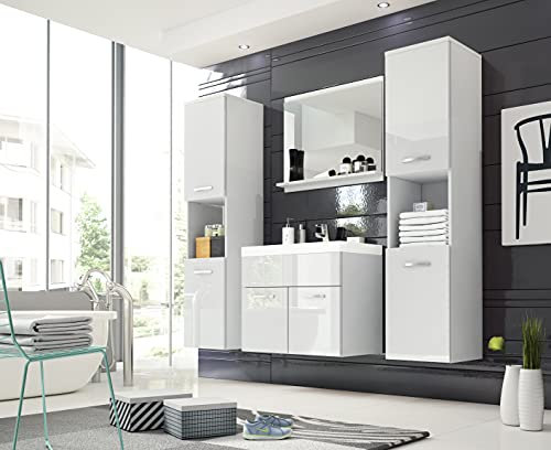 MINIO go for it - Badmöbel 4-Teilig Set Monal 1 I 2X Hängeschrank I Spiegel mit Regal I Schrank mit Waschbecken I Laminierte Spannplatte I Weiß Matt und Weiß Hochglanz