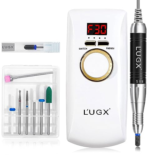 L'UGX Professional Rechargeable Nail Drill Machine With Coreless Motor, Portable Electric Nail File 30000 RPM Cordless for Acrylic Nails With 8 Bits for Manicure