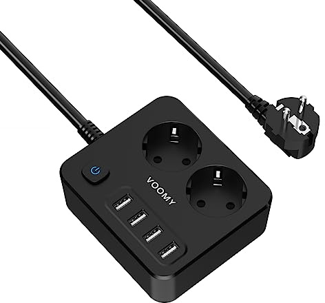 VOOMY 6-in-1 Steckdosenleiste mit USB, Steckdosenadapter 2 Fach mit 4 USB, Mehrfachsteckdose mit Schalter (4000W), Steckerleiste Überspannungsschutz mit 2M Kabel, Schwarz