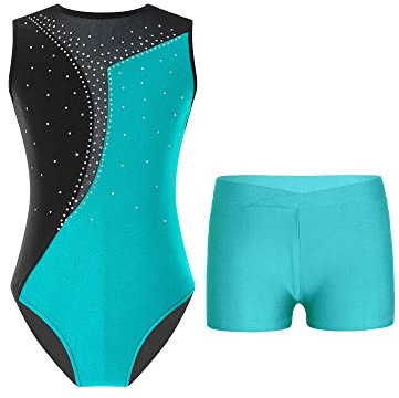 TTAO Kinder Mädchen Ärmellos Gymnastikanzug mit Strassstein Training Leotard mit Shorts Turn Set Gymnastik Training Dancewear Gymnastikbody Blau Grün 134-140