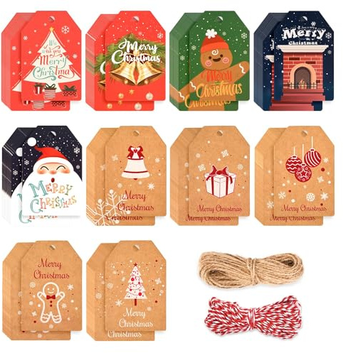 Alintor Geschenkanhänger Weihnachten, Weihnachtsanhänger, Anhänger mit 20m Schnur, für Geschenkband, Likörflaschen, Stempel, Marmeladengläser, namensschilder, Flaschenetiketten (Weihnachten)