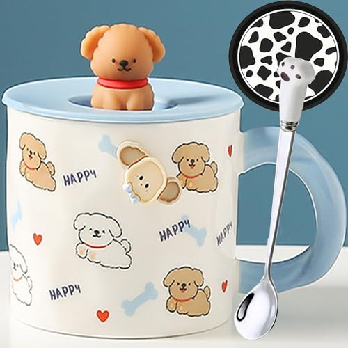 ArawatHund mit Deckel 3D Tassen Geschenk Cute Keramik 400 ml Teetasse Tee Kaffee Becher Süße Geburtstagsgeschenk für Frauen Männer Freunde Jungen