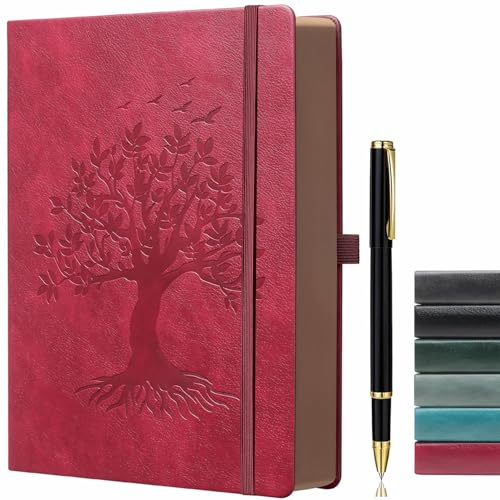 ZXHQ A5-Notizbuch mit 360 linierten Seiten und Stift, Schreibjournal für Damen und Herren, Design „Tree of Life“, braune Seitenränder, feine Innentasche, Weinrot