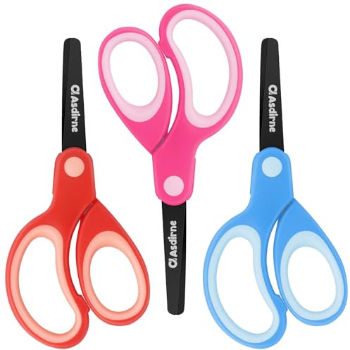 Asdirne Kinderschere für Linkshänder, Sicherheitsschere, Bastelschere mit stumpfer Spitze, Edelstahlklingen und weichem Griff, ideal für Zuhause und Schule, 13,5 cm, 3 Stück