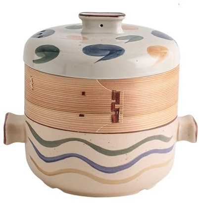 RSBFER Japanese Casserole Pot with Bamboo Steamer Basket, Ceramic Casserole Clay Pot Steam Stew Pot for KitchenCooking,A,1.5L
