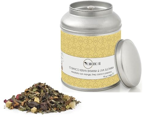 Novecento Tè® | Tè Bianco Kenya Banana Uva Sultanina in Foglie - 90 Gr | Tè Bianco Mango, Lime, Cocco, Papaya | Miscela Tè Bianco con Pezzi Frutta Sfuso Latta Metallo