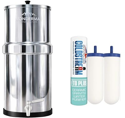 Monderma water filters Big 8.5 litres - système de filtration d'eau par gravité, avec 2 cartouches filtrantes FTO+ coldstream certification NSF/ANSI, robinet100% inox.