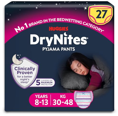 HUGGIES DryNites, Pyjama Pants, Girls 8-13 Years (30-48KG), 27x Bedwetting Pants, Up to 100% Leak Free Nights