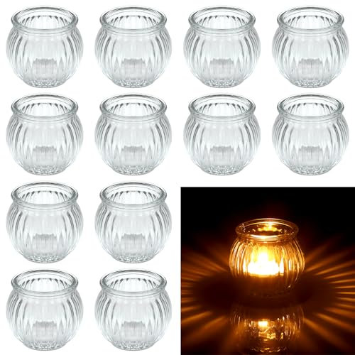 Hejo 12 Stück Teelichthalter Glas Durchsichtig, Kürbis Teelichtgläser, Kleine Kerzengläser, Mehrweg Teelichter Gläser, Vielseitige Kerzenhalter aus Glas für Weihnachten Ostern Halloween (Klar)