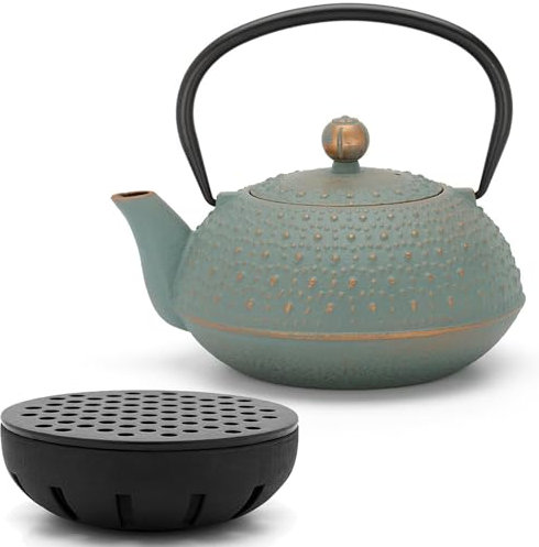 Tetera de inducción, 0,9 litros, pequeña tetera de hierro fundido, color azul, incluye filtro de té de acero inoxidable