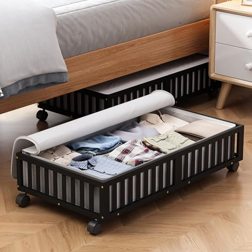 Contenedores de almacenamiento de bambú para debajo de la cama con ruedas, paquete de 2 contenedores grandes para guardar zapatos debajo de la cama, organizador de cajones de madera para dormitorio