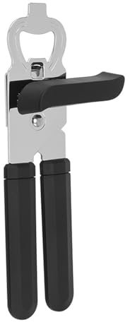 Dosenöffner, manuell, robuster Dosenöffner, Edelstahl, glatte Kanten, einfacher Drehknopf, Flaschenöffner, Deckel oben, Küchenutensilien, Gadgets, Werkzeug, Schwarz