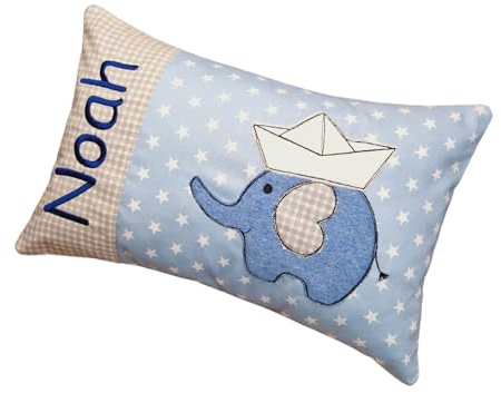 Kleines Kissen mit Name - Elefant Boot - Geburt - Taufe - dunkelblau - personalisiert mit Wunschnamen - liebevolle Handarbeit