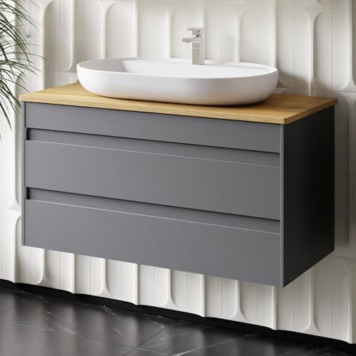 Karen Waschtisch mit Unterschrank Lara | Keramikwaschbecken | Unterschrank | Badmöbel | Aufsatzwaschbecken | Konsolenwaschtisch | Minimalistisch | Badezimmer Anthrazit (Lara 100 mit Konsole Eiche)