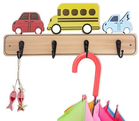 Midrean Wooden Cute Cars Kids Coat Wall Hanging Rack Decorative Children's Baby Room Towel Clothes Hat Wall Hooks Hanger Mount