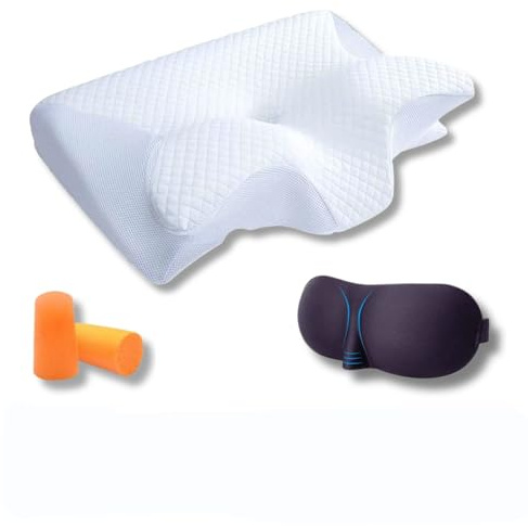 Orthopädisch Ergonomisches Kissen - Therapiekissen Nackenkissen mit Memory Schaum für Halswirbelsäule für Halswirbelsäule & Schulterentspannung mit Schlafmaske + Geräuschreduzierende Ohrstöpsel Weiß