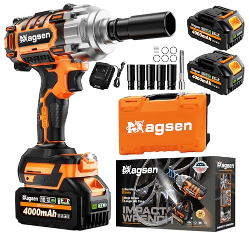 MAGSEN 1000N.m/737Ft-lbs Brushless Impact Wrench,1/2 Cordless Impact Gun / 2x4.0Ah Battery & 6 Sockets, 3500RPM Power Electric Impact Driver for Car/DIY Furniture/Lawn Mower, Orange Toolbox
