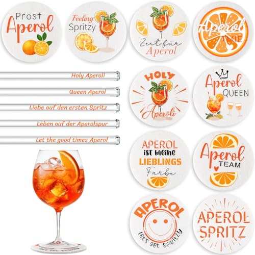 Joycabin Aperol Lot de 15 dessous de verre en feutre et pailles en verre Aperol Spritz - Cadeau réutilisable - Rond - Décoration pour les amateurs d'Aperol - Décoration de table d'été (blanc)