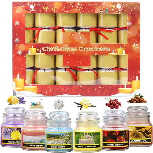 TENGWUDZ Christmas Crackers with Luxury Mini Scented Candles Festive Crackers Christmas Party Novelty Gifts, Xmas Gift Scented Candle Set 6pcs for Family Holiday Party Decorations