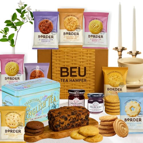 Afternoon Tea Hamper Gift Set – Premium 40 Teabags, Fruitcake, 2x Jam and 8x 2 Pack Border Biscuits Hamper for Women & Men – Ideal Birthday Hampers, Fathers Day Hamper for Dad