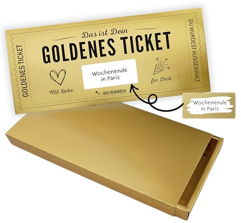 Goldenes Ticket - Personalisierte Grußkarte zum selber ausfüllen | Geburtstagsgeschenk für Frauen Geschenk für beste Freundin Freund Mutter Hochzeitstag Geburtstag Grußkarte (Goldbox)