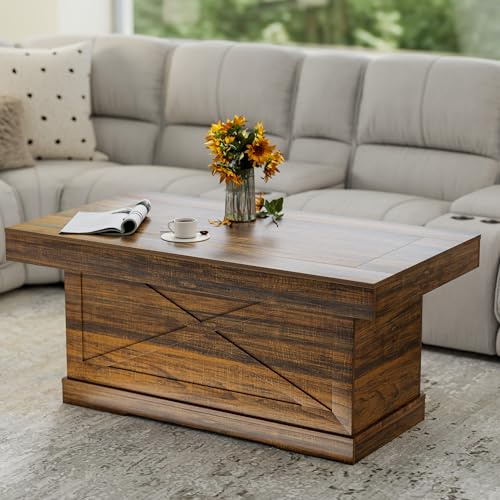 Gurexl Rustic Coffee Table with X Relief and Colorblock Design,Modern Wooden Vintage Side Table for Living Room,Dining Room,Lounge,Tea Table,Home Office,Relaxation Time,Save Space,Brown