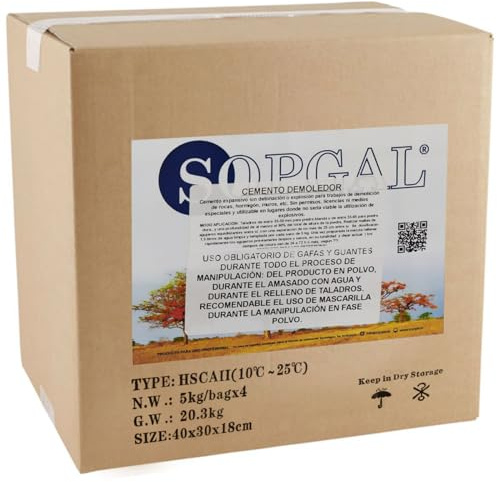 Pack 2 x 20 kg Ciment Expansif Démolition pour Roche et Béton - Démolitions silencieuses de pierre, murs et béton, sans impact ni vibrations et en toute sécurité - Sopgal