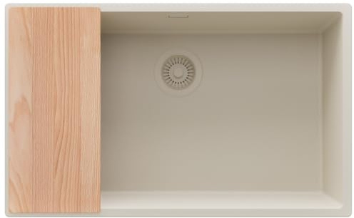PRIMAGRAN Evier sous Plan au Meuble 80cm + Kit de Vidage, 76x47cm | Set: Kit de Vidage (Siphon, bonde d’évacuation, trop-plein) + Planche à Découper + Evier en Granit 1 Bac - London, Tout Beige