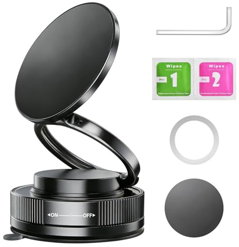xruc Support Téléphone Voiture Magnétique, Porte Aimant Téléphone Voiture Pliable 360° pour iPhone 16 15 14 13 12 Pro Max Plus, Accroche Telephone Réglable sous Vide pour Miroir Verre Gym