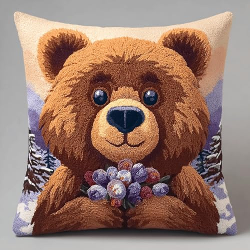 Taxpy Kit Coussin Crochet à Nouer 43x43 cm Latch Hook Canevas Débutant,Fleurs d'ours,Kit DIY Point Noué avec Crochet pour Adultes et Enfants