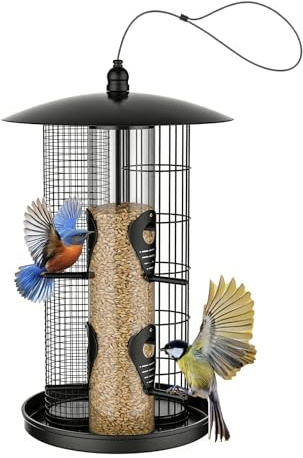 Grand distributeur d'oiseaux, triple tube, anti-écureuil, grand volume – Protection contre les faucilles en plein air – Pour attirer les oiseaux sauvages, nourriture, jardin, terrasse, balcon, parc