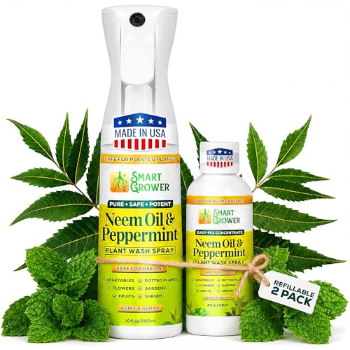 Spray olio di neem per piante con olio di menta piperita, confezione combo ricaricabile a nebbia fine da 283,5 g + ricarica concentrata da 113,4 g – 6 bottiglie, lavaggio naturale per piante