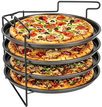 GoDyna 4 Tier Pizza Baking Rack Set with 4 Non Stick Pans Round Tray Stand for Oven Multi Layer Pizza Baking Holder for Flammkuchen Bread and Pastry