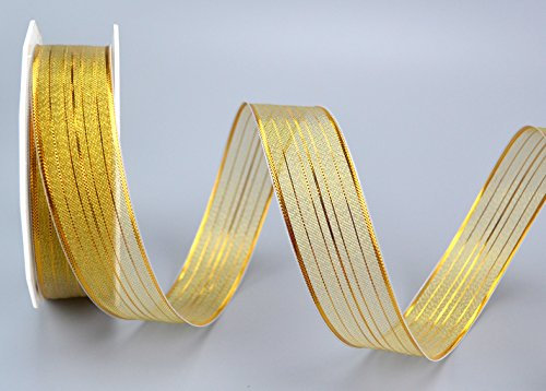 Dekorband Munich guld 20 m x 25 mm rulle (0,93 €/m) glänsande transparent band randig presentband dimensionellt stabil med tråd trådkant band jul metallic