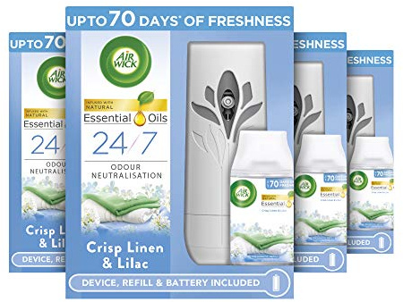 Airwick Essential Oils Freshmatic Air Freshener, Autospray Kit - Gadget & Refill, Crisp Linen & Lilac (4 Refills X 250ml)